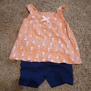 Orange/pink seahorse top with navy shorts. Child of mine. 18 months.